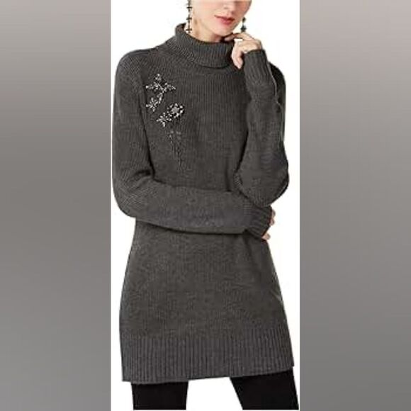 Inc International Concepts Sweater Size L Gray Turtleneck Tunic Bling stretch - Picture 1 of 9